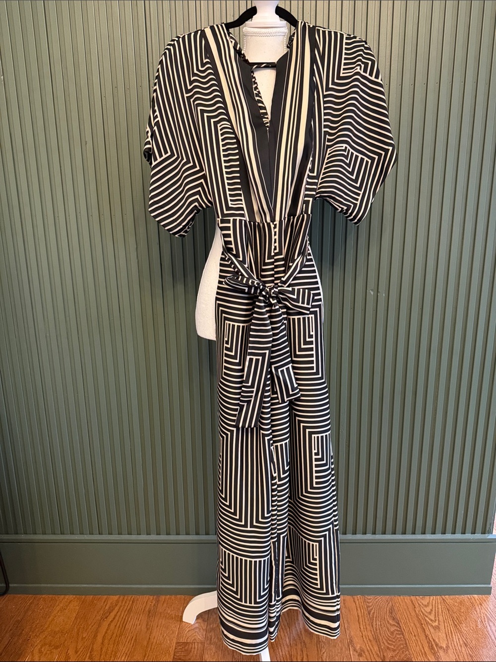 Mango Black and White Geometric Belted Jumpsuit